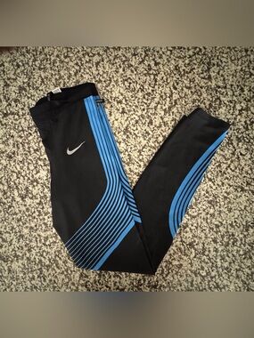 Nike Black Leggings with White Swoosh and Subtle Blue Trim